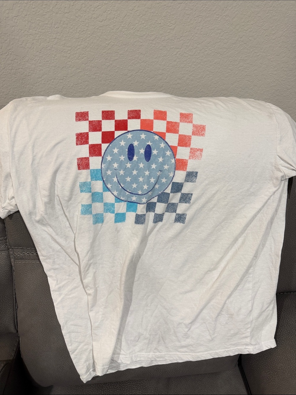Gildan White Kids Checkerboard Smiley Tee with Red & Blue Stars